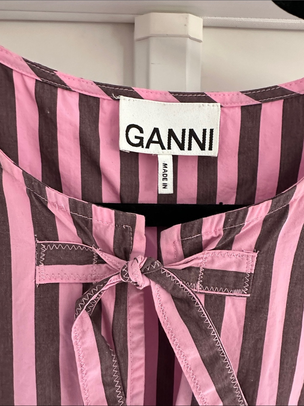 Ganni Pink and Black Striped Peplum Top with Front Ties size 44 - Picture 2 of 4